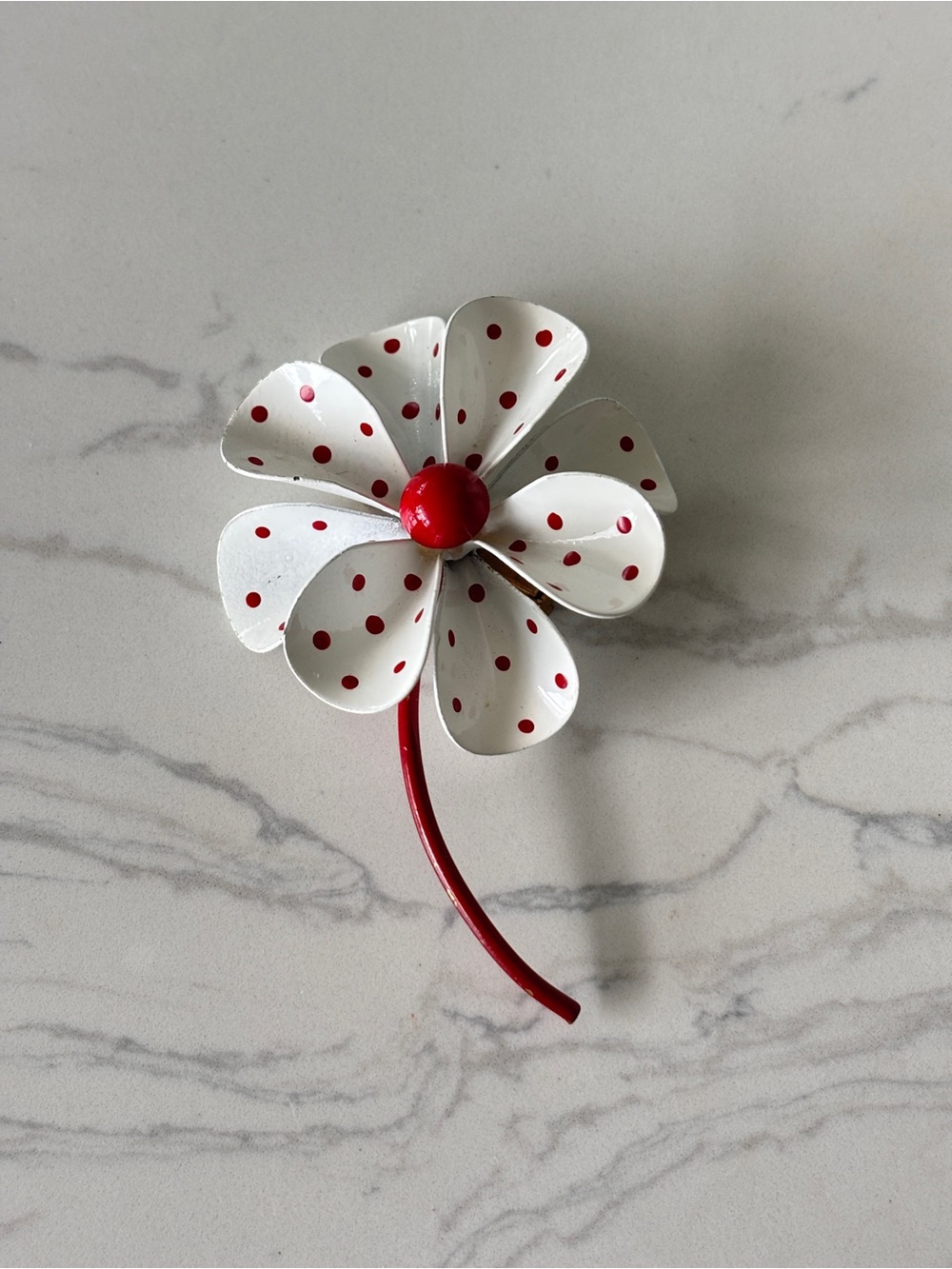 Vintage enamel and metal pin, polka dot flower